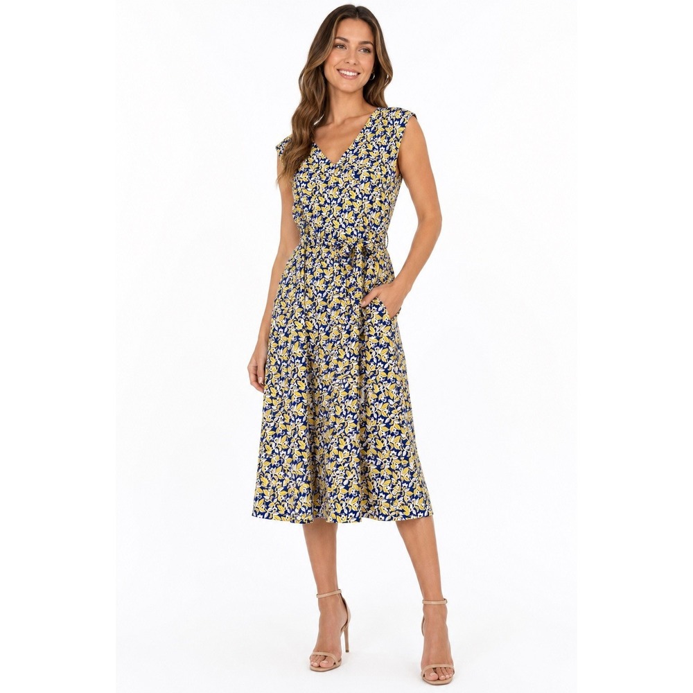 Weekend Max Mara Floral Fit & Flare Dress Blue Yellow Belted Midi Est M 8-10 EUC